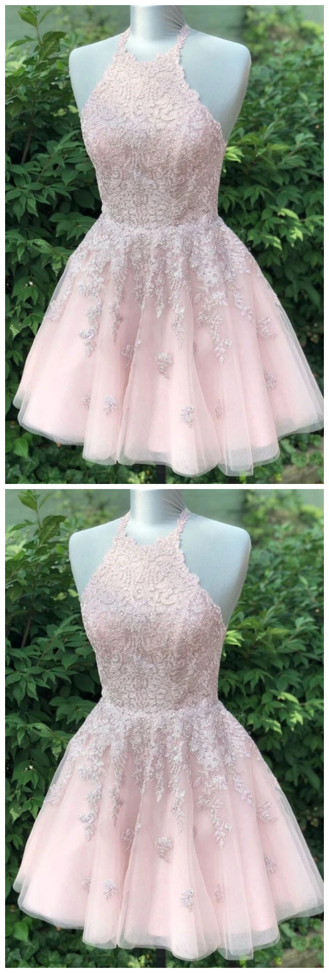 Fashion Lux Pink Sleeveless Halter Fashion Dresses Midi Dresses Tulle Applique Short Homecoming Dress