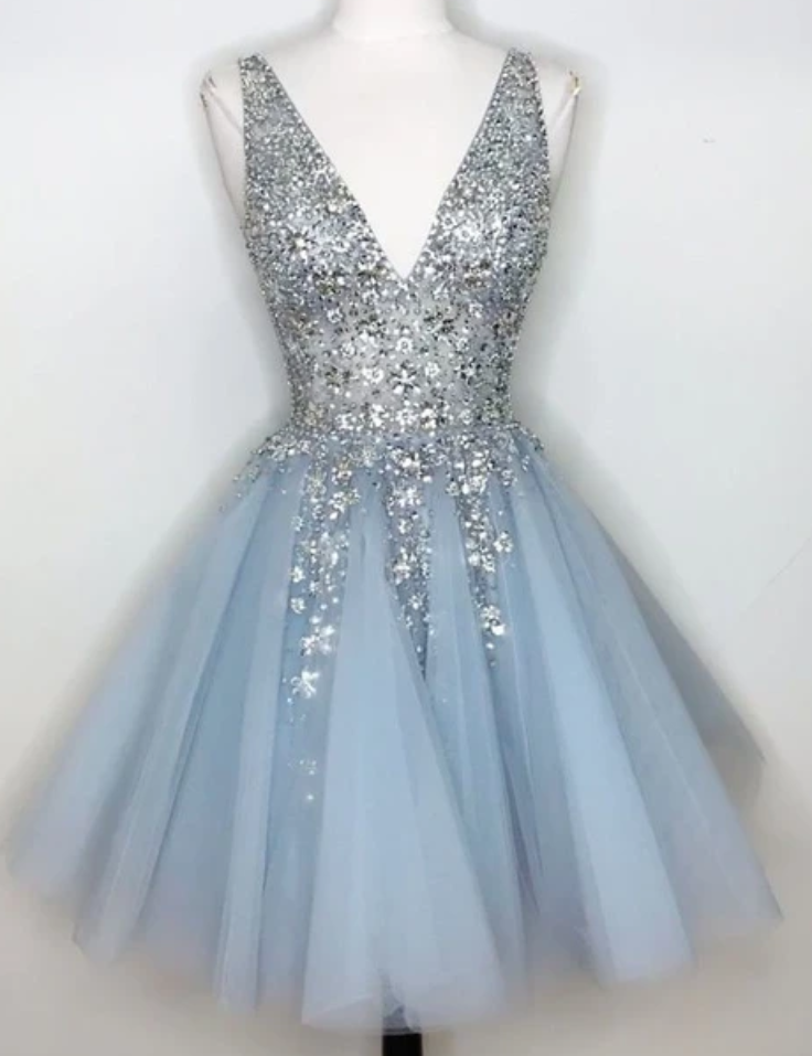 Fashion Lux Blue Fashion Dresses Sleeveless Midi Dress V-neck Tulle Party Dresses Beaded Mini Homecoming Dress