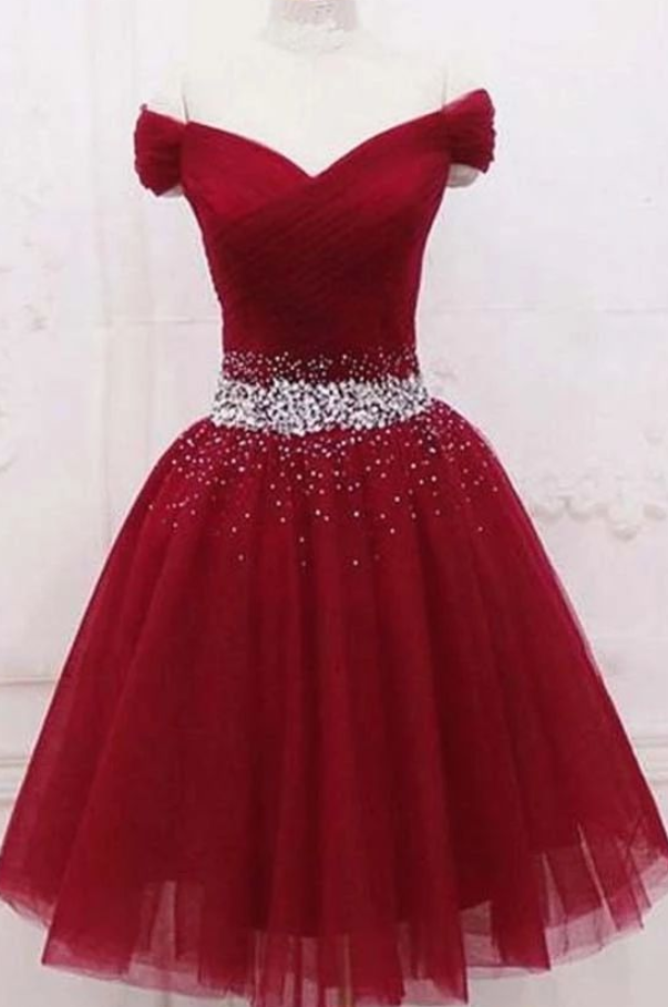 Fashion Lux Off Shoulder Burgundy Short Graduation Dresses, Homecoming Dress With Beading