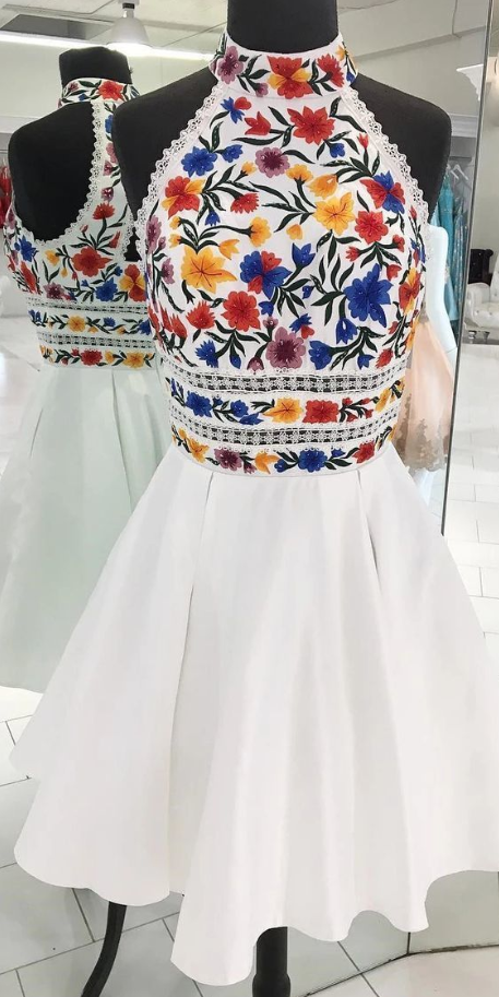 Fashion Lux A-line Halter Floral Embroidery Short Prom Homecoming Dress