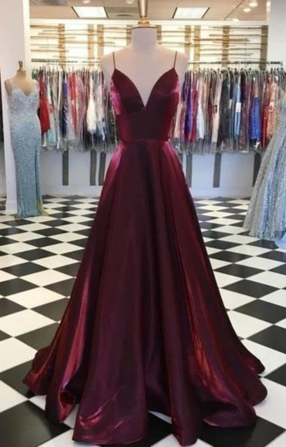 Fashion Lux Wine Red V Neck Spaghetti Straps Long Evening Dress, A Line Prom Dress