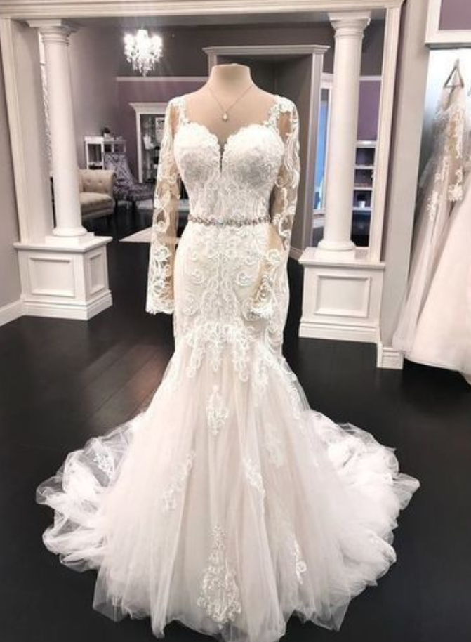 Fashion Lux Full Sleeve V Neck Tulle Mermaid Wedding Dresses, Sweep Train Bridal Gowns