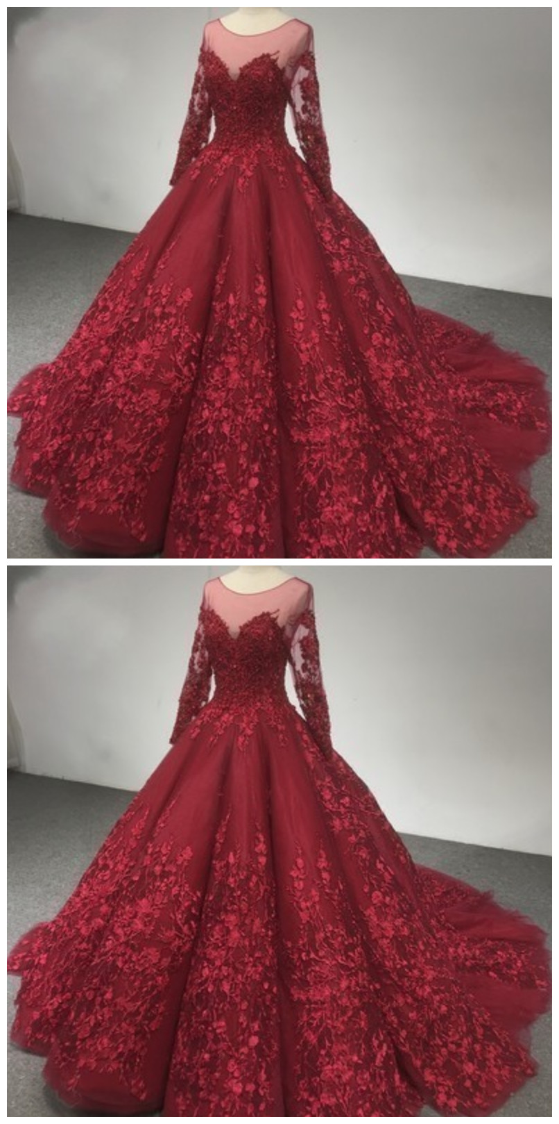 Fashion Lux Luxury Lace Wedding Dress,long Sleeve Burgundy Ball Gown Bride Dresses