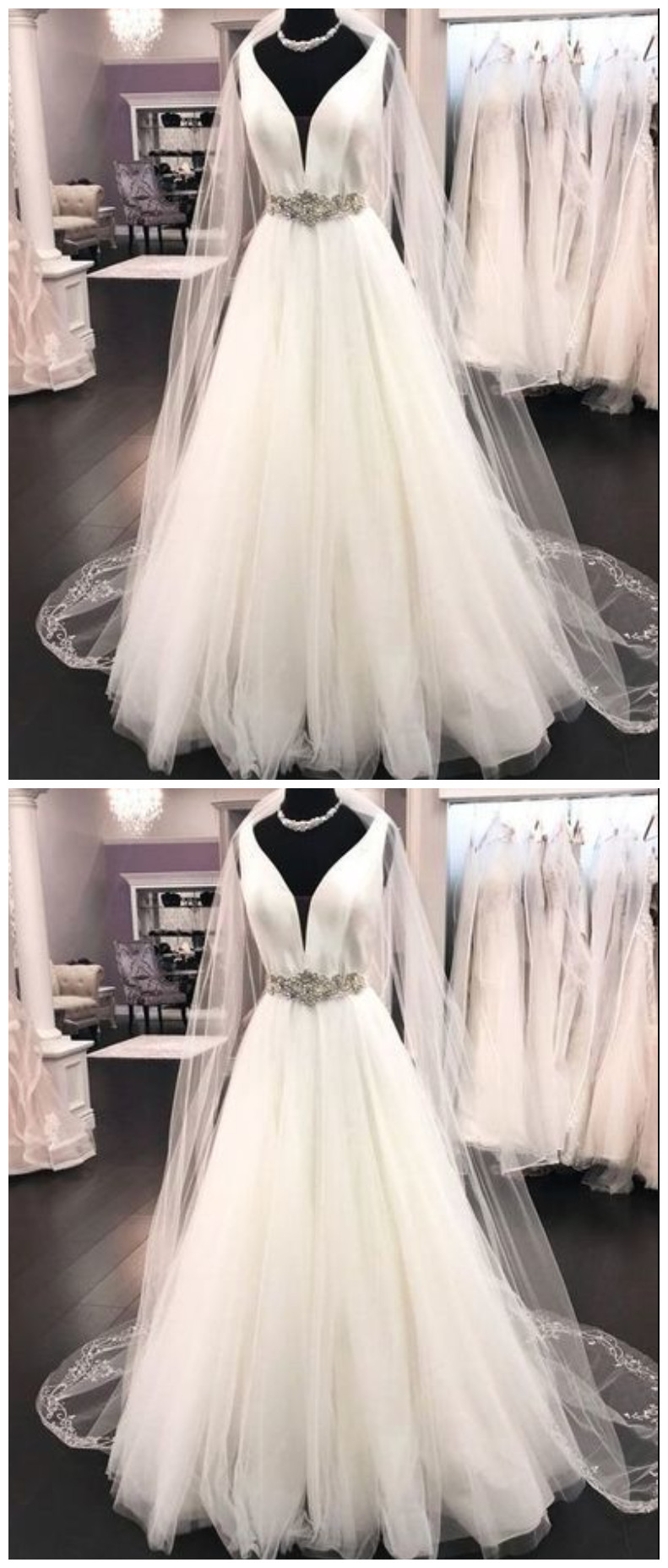 Fashion Lux Ivory V Neck Tulle A Line Wedding Dress