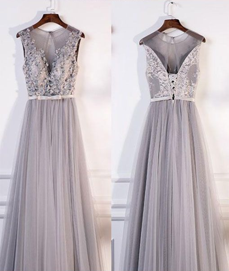 Fashion Lux Gray Round Neck Lace Tulle Long Prom Dress, Gray Evening Dress, Gray Bridesmaid Dress