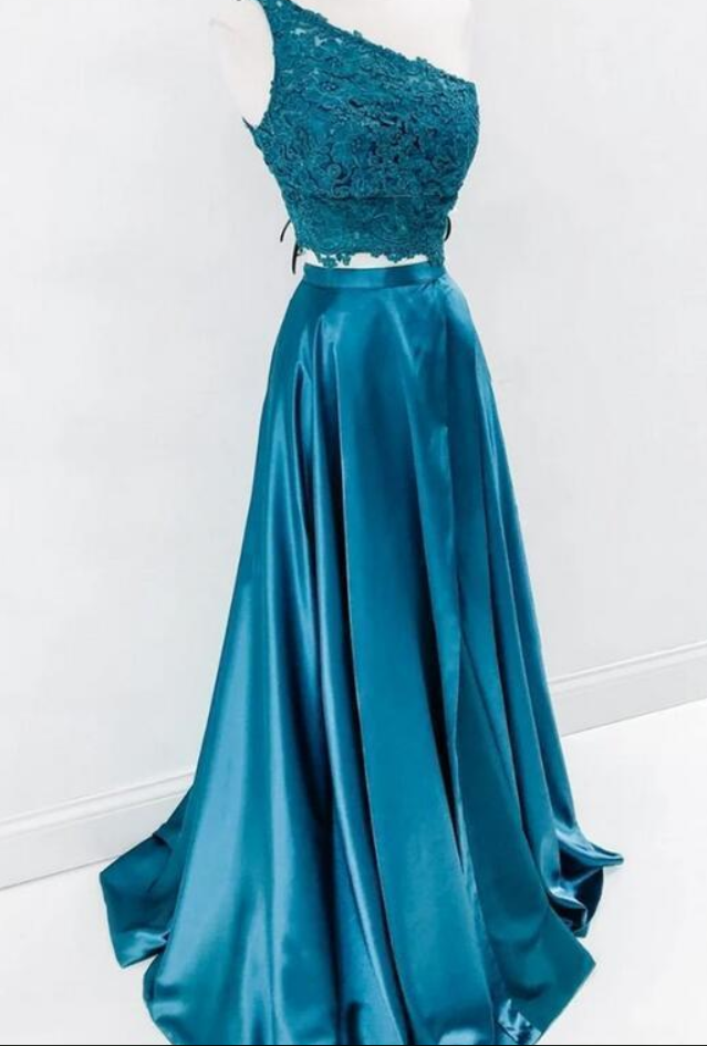 Fashion Lux One Shoulder Appliques Evening Dress, Formal Long Prom Dresses, Two Piece Prom Dress