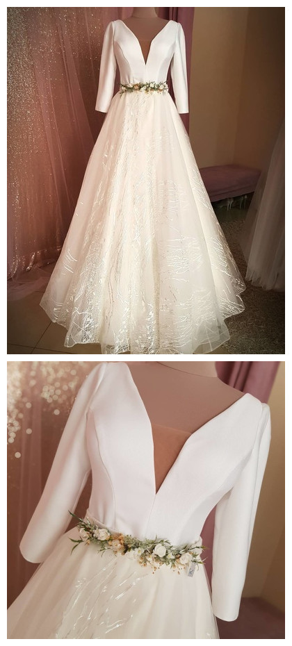 Fashion Lux V Neck White Long Prom Dress, Full Sleeve Formal Wedding Dress