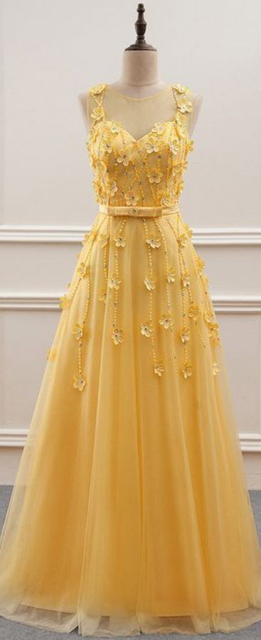 Charming Yellow Tulle A-line Prom Dress With Beadings, Long Evening Dress
