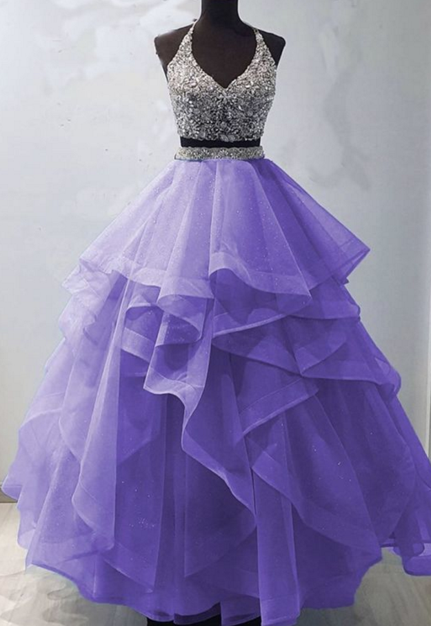 Two Pieces Tulle Beads Long Prom Gown Evening Dress