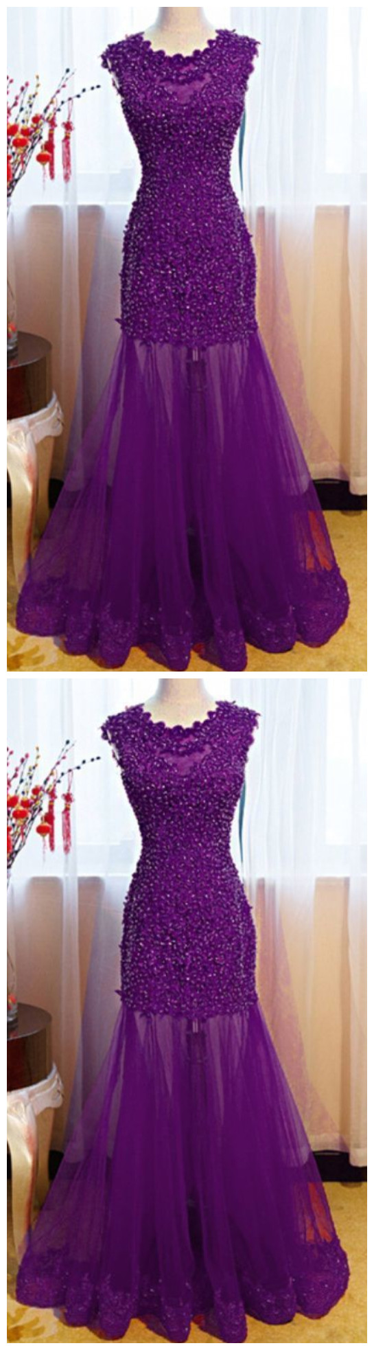 Purple Tulle Lace Prom Dress