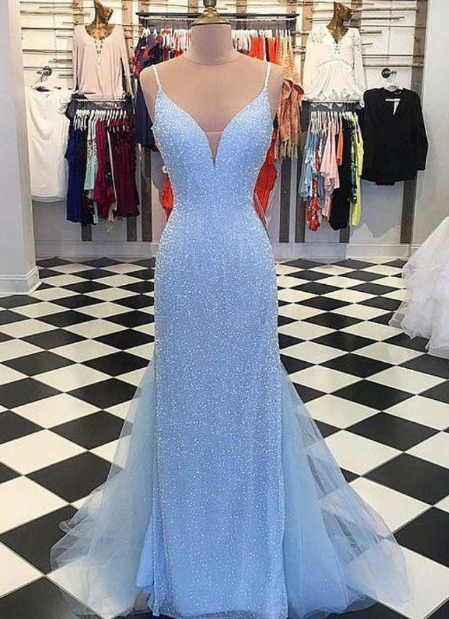 Charming Prom Dress, Tulle Blue Mermaid Prom Dresses, Long Evening Dress, Formal Gown