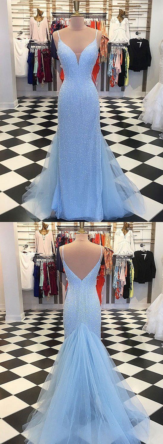 Charming Prom Dress, Tulle Blue Mermaid Prom Dresses, Long Evening ...