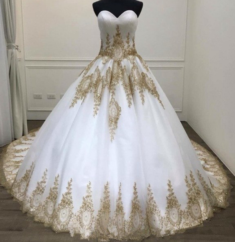 White Ball Gown Quinceanera Dresses, Big Wedding Dress With Gold Appliques
