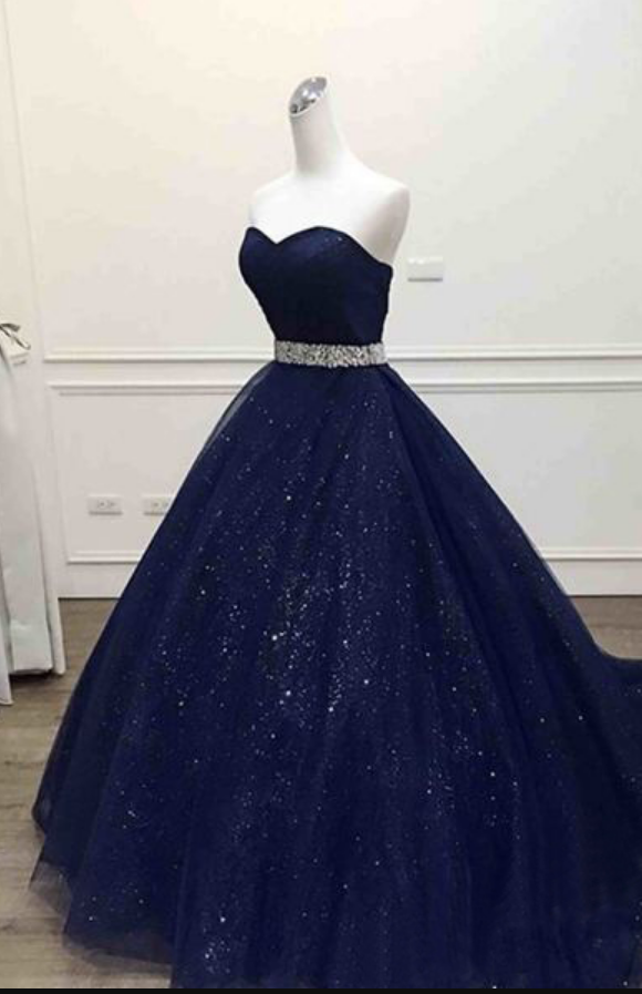 Dark Blue Prom Dresses,tulle Prom Dresses,sweetheart Prom Dresses,sequins Floor-length Prom Dresses.ball Gown Prom Dress, Quinceanera