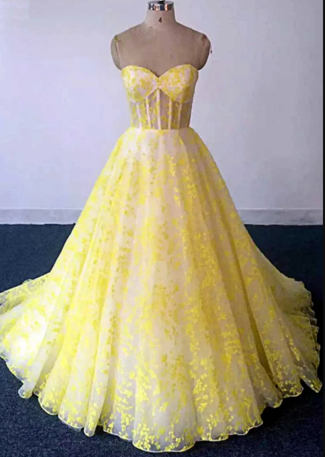Yellow Lace Sweetheart Long Graduation Dress, A Line Prom Dress For Teens