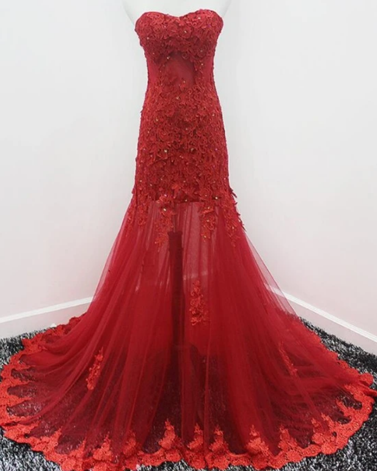 Beautiful Mermaid Tulle Sweetheart Evening Gown, Wine Red Lace Applique Prom Dress