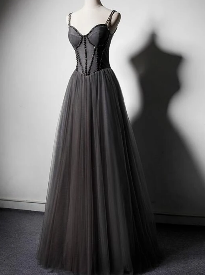 Dark Grey Tulle Straps Long Beaded Party Dress, Grey Long Formal Dresses