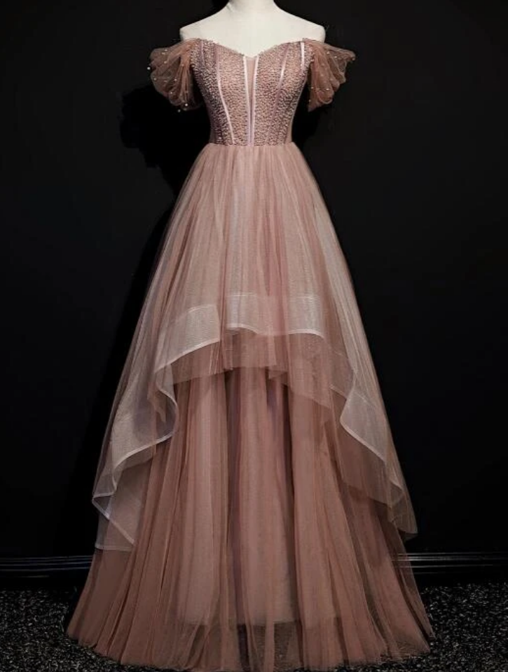 Tulle Beaded Layer Tulle Long Evening Dress, Charming Prom Dress