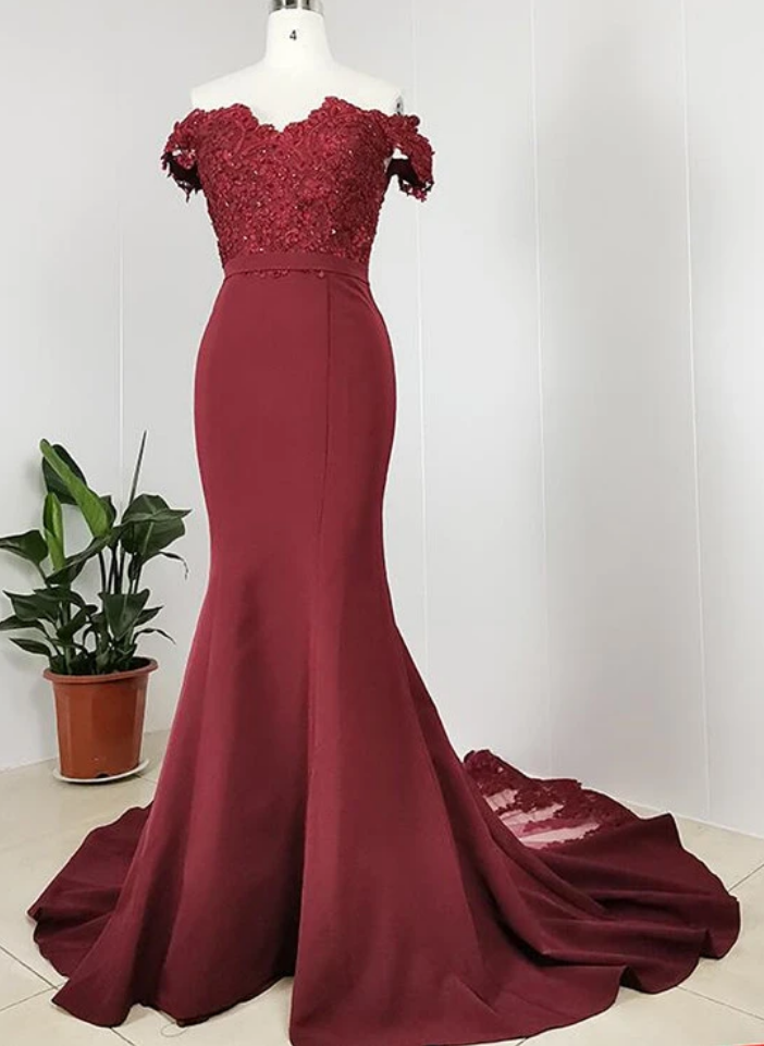 Burgundy Off Shoulder Handmade Mermaid Bridesmaid Dress, Long Prom Dress Evening Dress