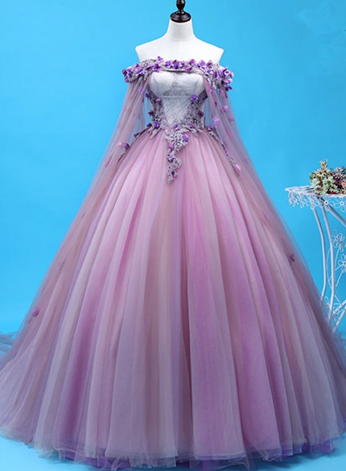 Tulle Long Sweet 16 Gown, Flowers Quinceanera Dress