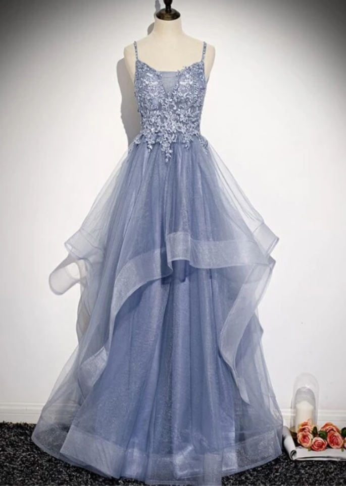V-neckline Straps Tulle With Lace Applique Party Gown, Prom Dress