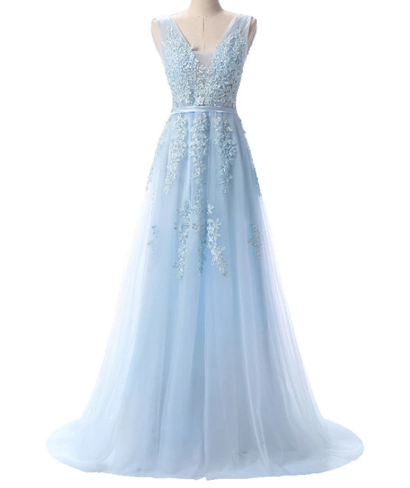 V-neckline Tulle With Lace Applique Long Dress, Prom Dress