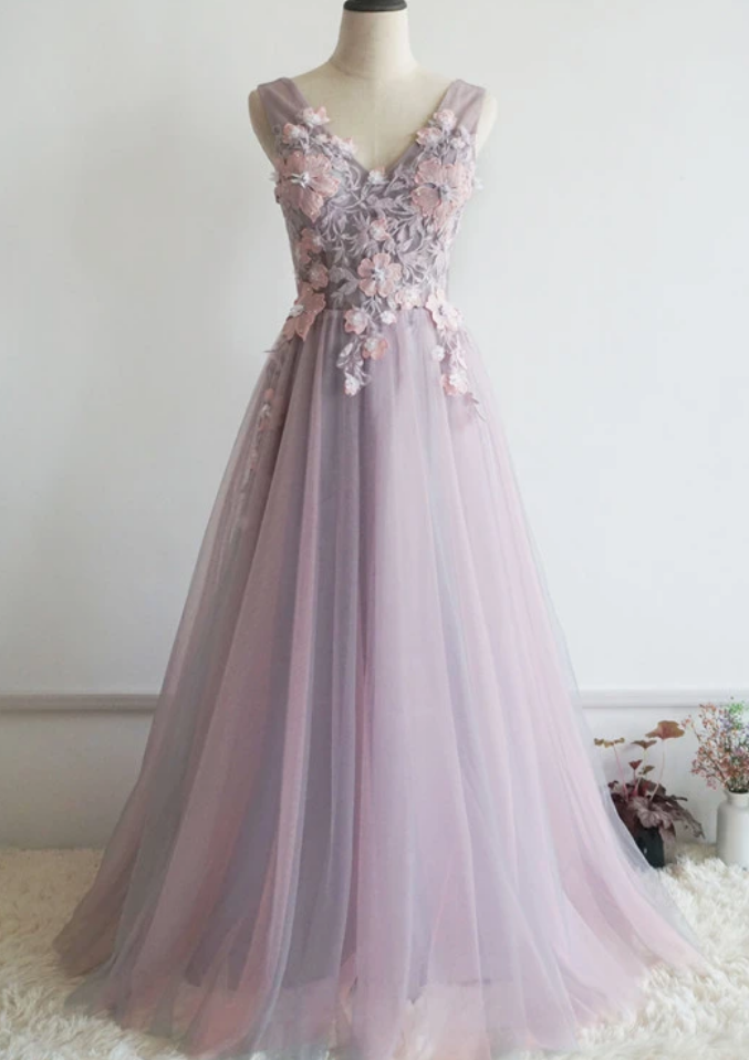 V-neckline Floral Lace Party Dress, Formal Dress