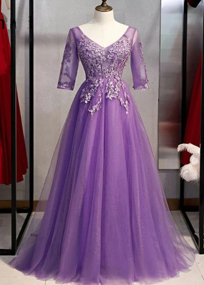 V Neck Tulle Long Party Dress With Sleeves, Prom Dress