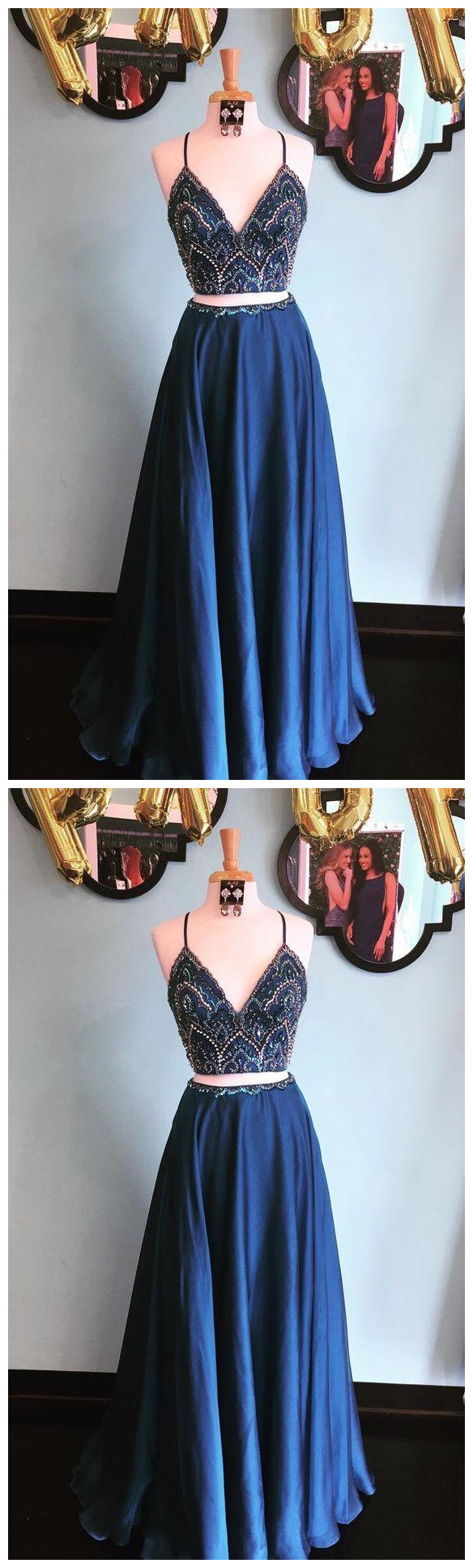Spaghetti Straps Blue Two Pieces Long Beaded Prom Dress