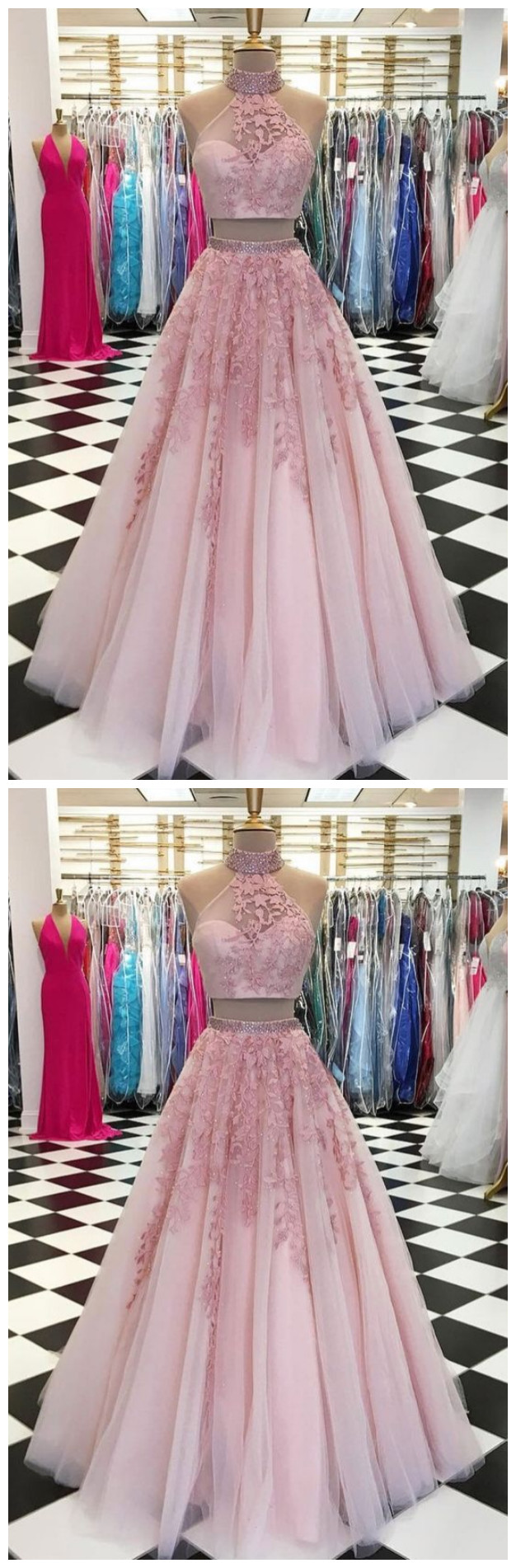 Pink Two Pieces Tulle Lace Applique Long Prom Dress, Pink Evening Dress