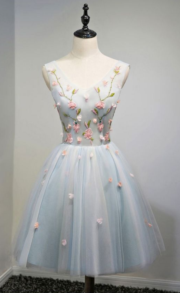 Unique ,v-neck, Dusty Blue ,tulle ,short, Prom Party Dress With Flowers