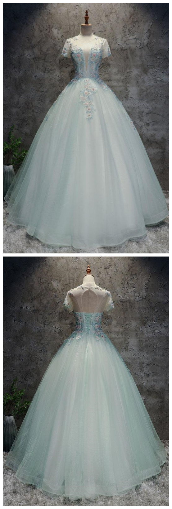 Unique Light Green Tulle Lace Long Prom Dress, Sweet 16 Dress