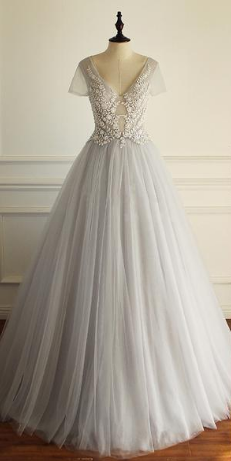 Charming Tulle Short Sleeves Gorgeous V Neck Sexy Wedding Dress, Bridals Dress