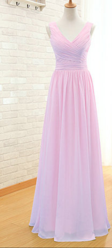 Custom Made Pink V-neckline Chiffon Long Chiffon Bridesmaid Dress With Draped Detailing