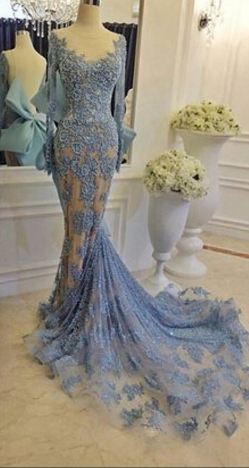 Sheer Lace Long-sleeved Appliqués Mermaid Long Prom Dress, Evening Dress Featuring Oversized Bow Accent And Open Back