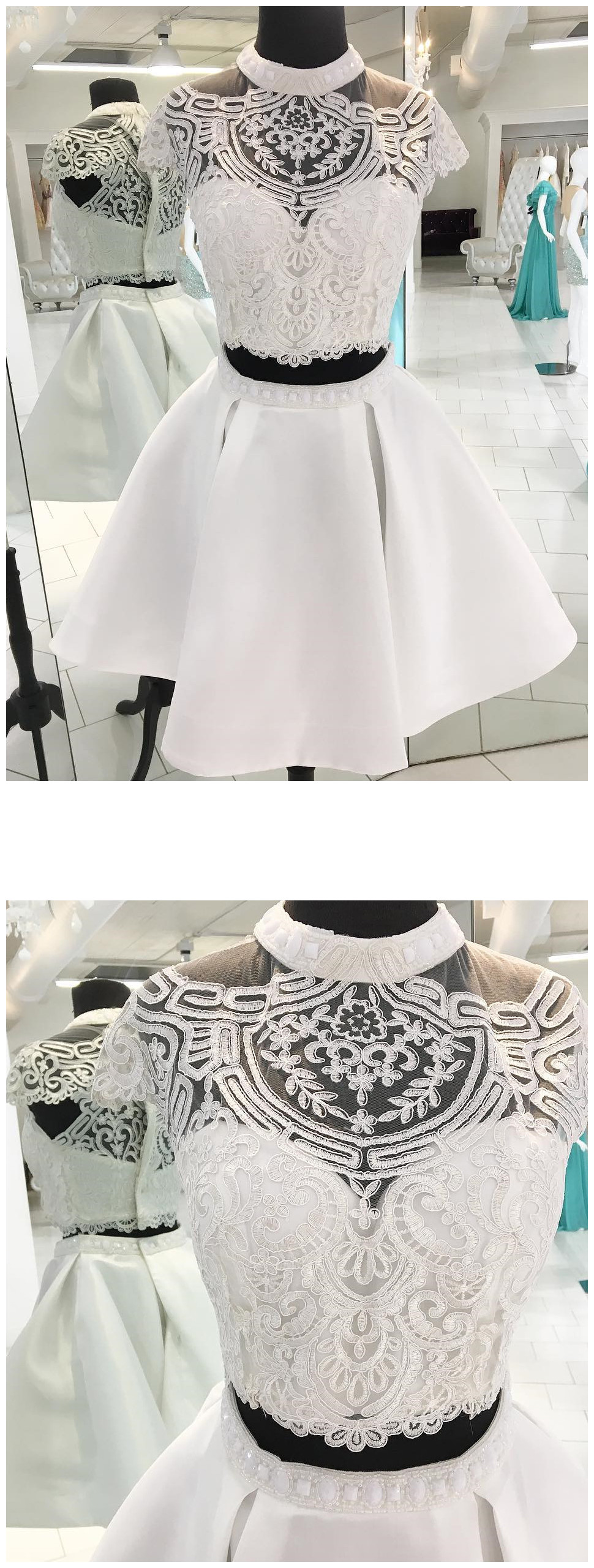 White Short Prom Dresses, White High Neck Homecoming Dresses, Beads Homecoming Dresses, Two Piece Homecoming Dress