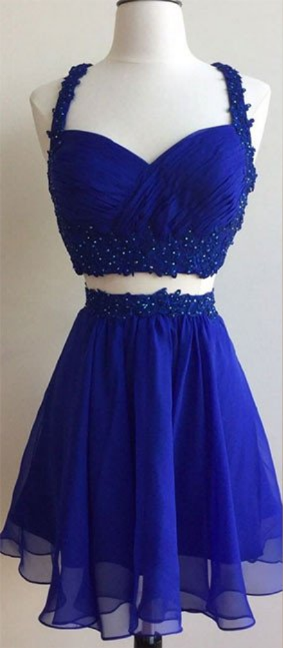 Short Royal Blue Two Piece Chiffon Lace Backless Prom Dresses Homecoming Dress,short Homecoming Dresses,junior Prom Dresses,graduation