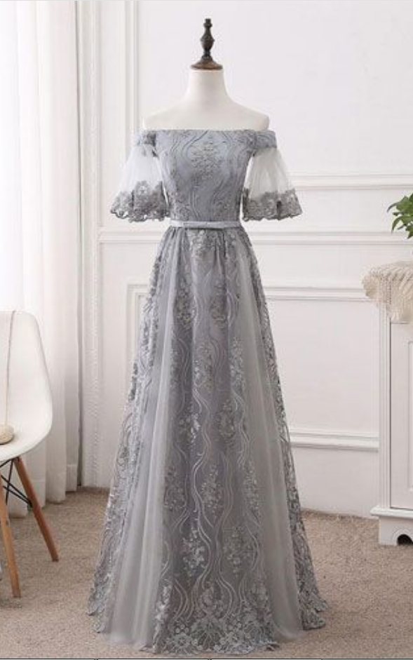 Gray Party Dress, Tulle Lace Pom Dress, Long Prom Dress, Gray Bridesmaid Dress