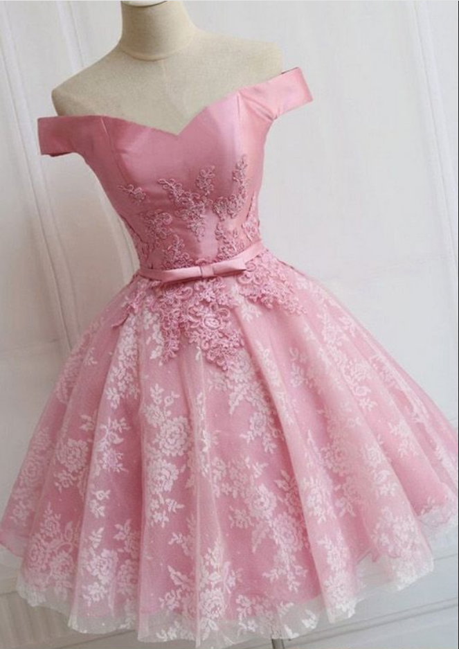 Short, A-line/princess, Prom Dresses, Pink Sleeveless ,with Bow Knot, Mini Homecoming Dresses , Sexy ,off-the-shoulder ,mini Dresses