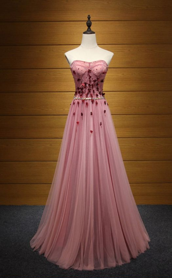 Princess Long Pink, Prom Dress, Strapless With Beading Flowers ,long Prom Dresses , Evening Gowns