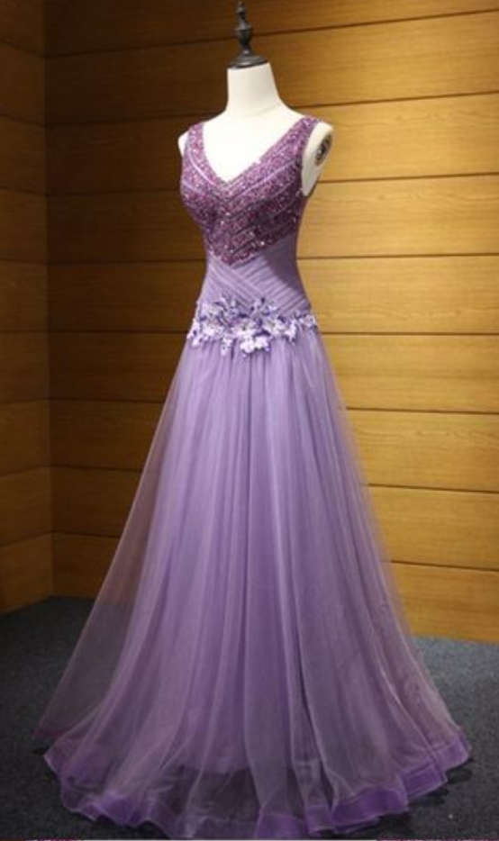 V-neck Floor-length, Beading Lavender, Long Prom Dress/evening Dress , Style Evening Dresses