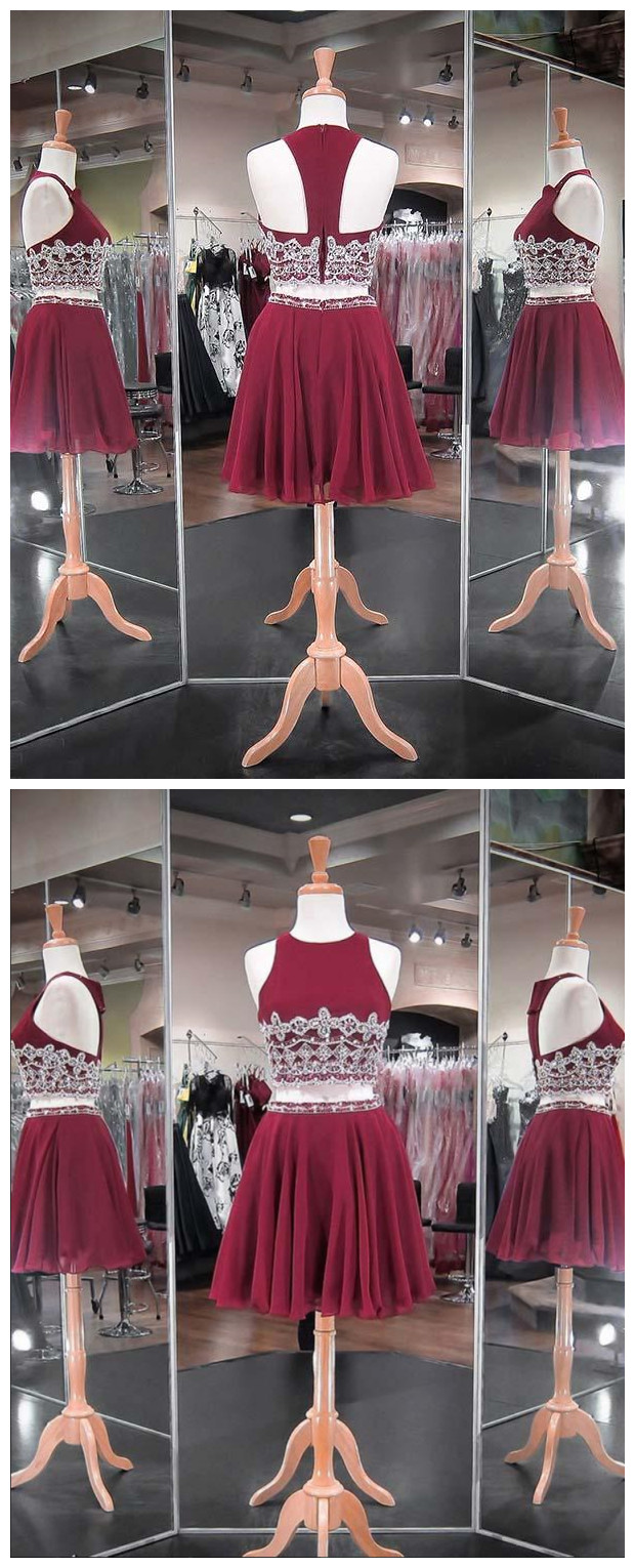 Marsala Two Piece Homecoming Dresses ,chiffon Skirt Fashion Style ,short  Prom Party Gowns,sexy Formal Evening Dress,custom Made