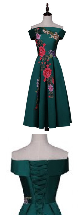 Dark Green Floral Print, Sleeveless Satin ,tea Length , Applique Boat Neck, Short , Formal Gowns , Fashion,custom Made