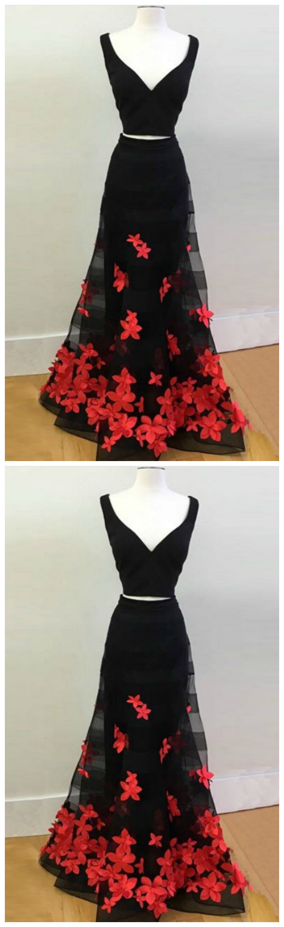 Flower Applique Prom Dresses, Vintage Black V-neck ,two Piece Prom Dress With Appliques,sexy Formal Evening Dress,custom Made