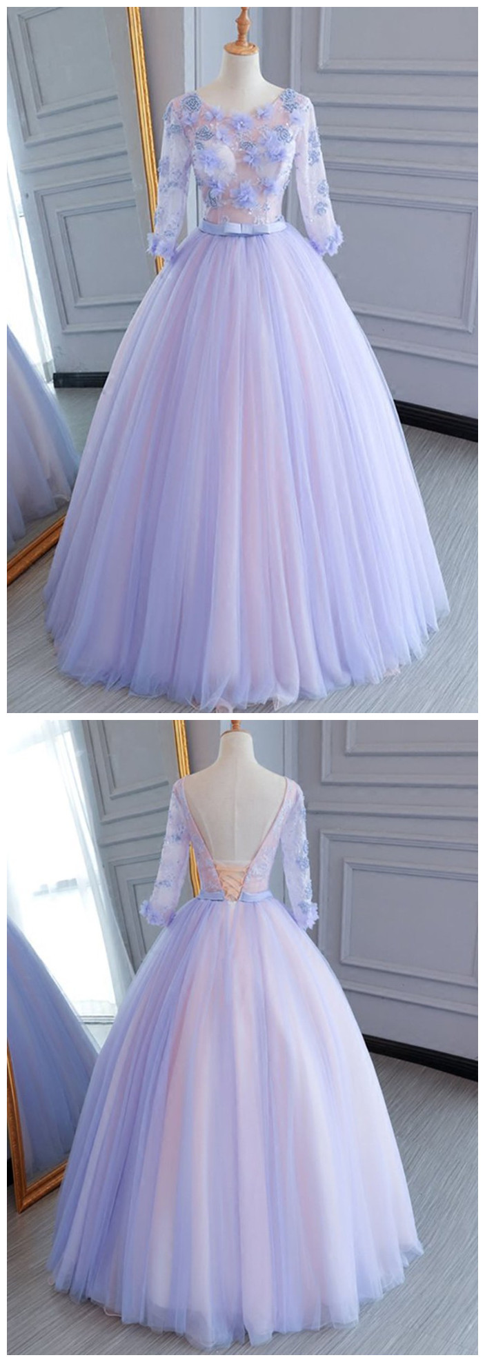 Unique Lavender Tulle ,mid Sleeve, Long A-line, Lace Appliqué Prom Dress, Evening Dress,floor Length Prom Gowns ,sexy Formal Evening