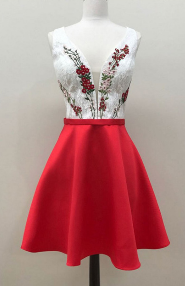 Fashion A-line, V-neck Sleeveless ,short Homecoming Dress With Lace Embroidery ,appliques Prom Dress, Short Evening Dress ,sexy Formal Evening