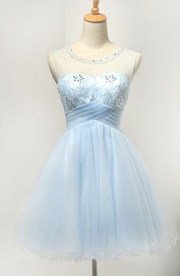 Light Blue Short Tulle Classy Girly Homecoming Dresses,lace Appliques Junior Prom Formal Dress