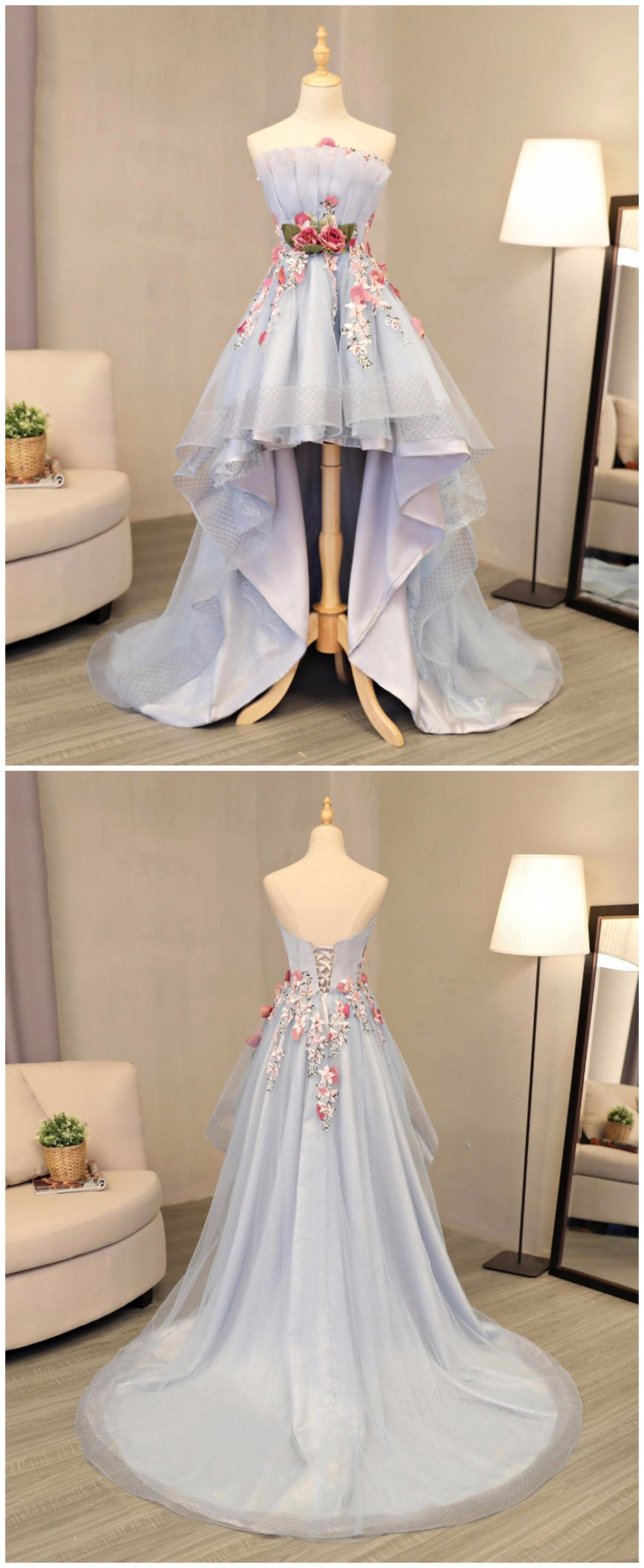Sky Blue Tulle Strapless High Low Flower Appliques Homecoming Dress, Party Dress