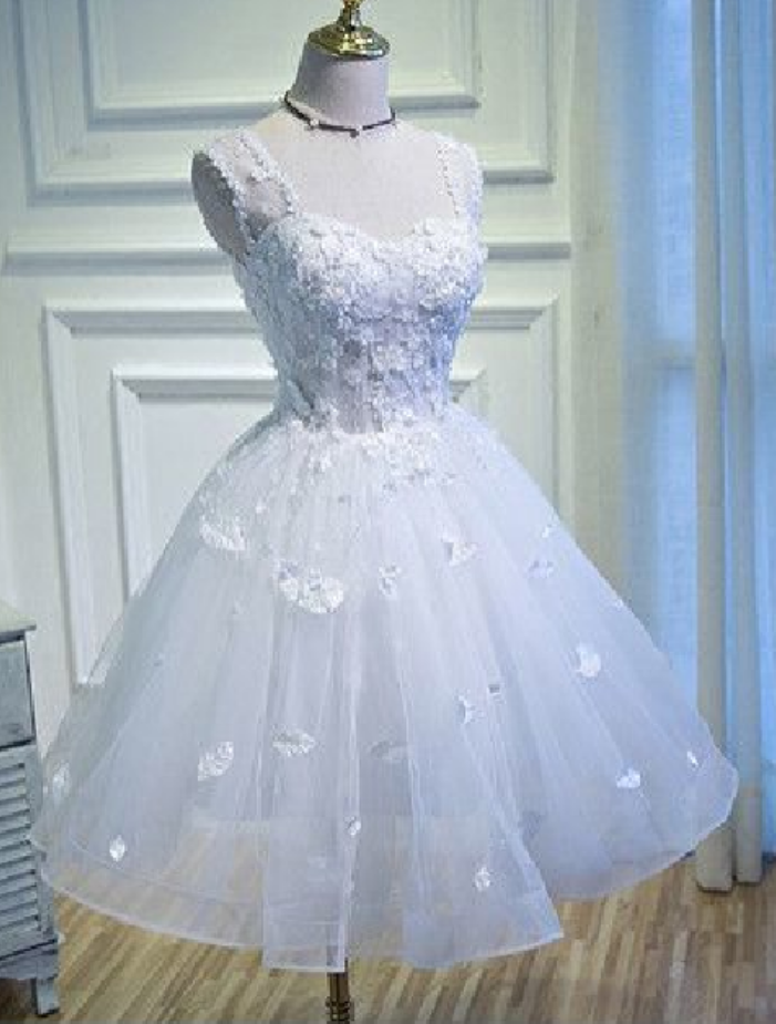Chic Homecoming Dress Deep Straps White Tulle Short Prom Dress