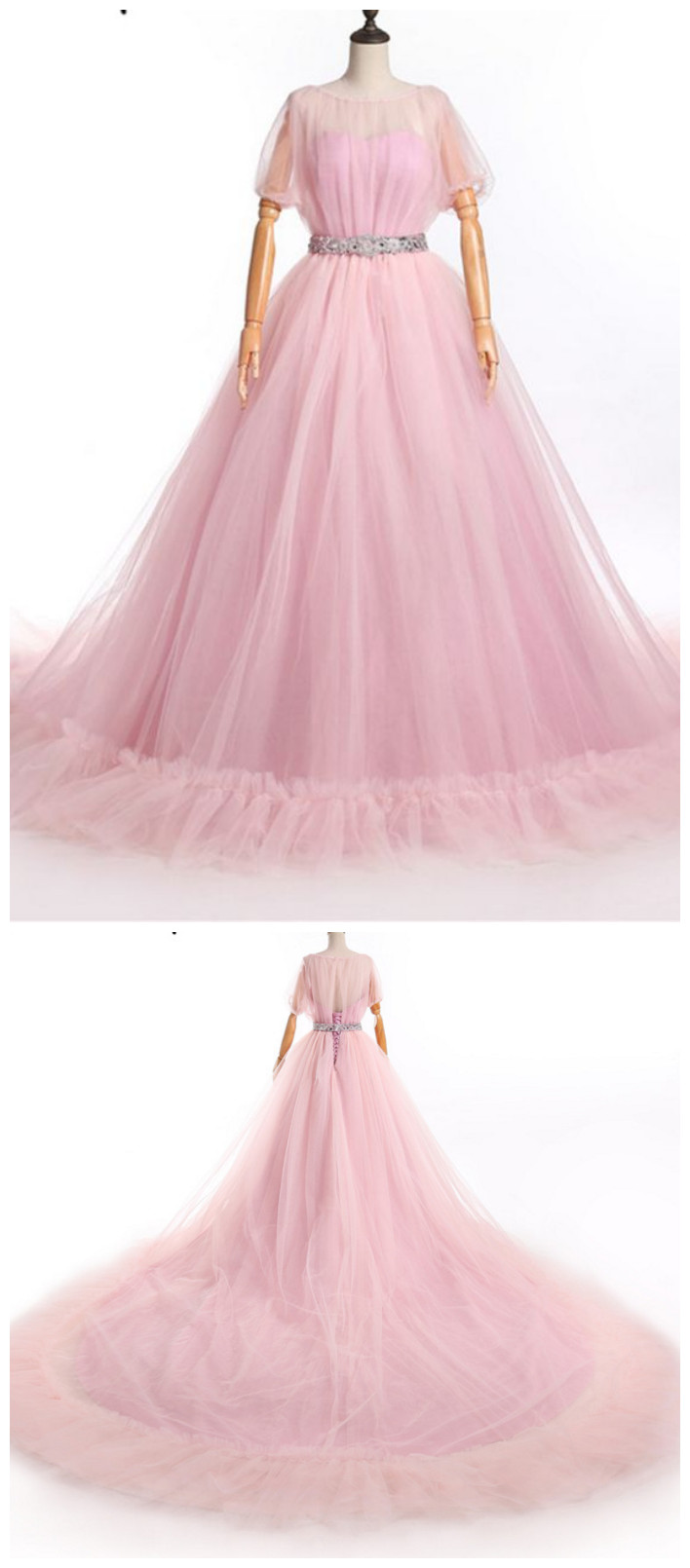 Puffy Rose Off Shoulder Party Dress ,semi-formal Prom Dress ,bubble Cuff Dress, Sweep Train ,affordable Long Prom Dresses